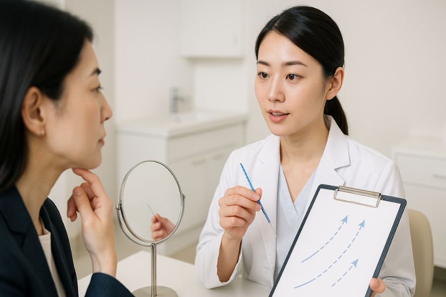 清潔な医療環境で、鏡に映る自分の顔を見つめながら、糸リフトの説明を20代の日本人医師より説明を受けている日本人女性 モデル