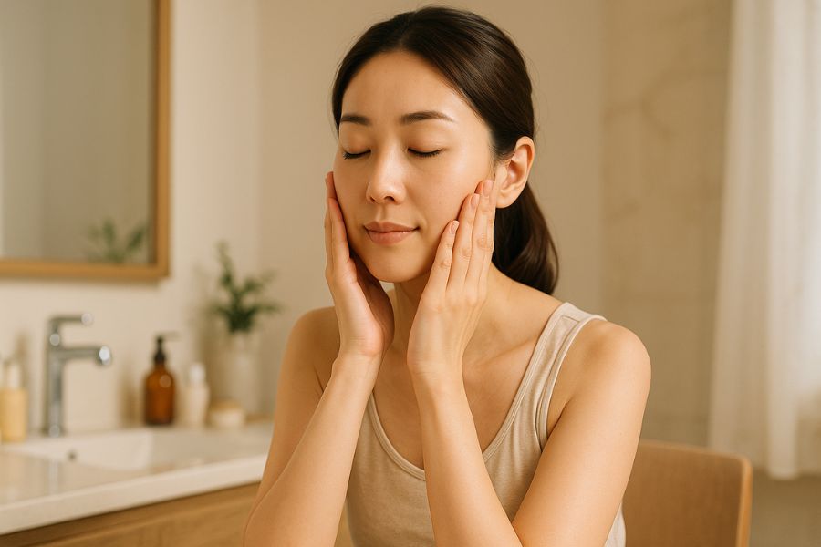 日本人女性が丁寧にスキンケアをしている様子、優しく顔に手を当てるセルフケアの表現