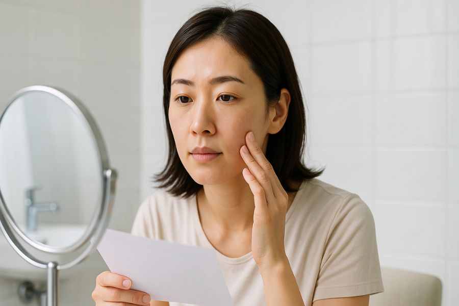 日本人女性が鏡で顔を優しくチェックしている様子、医学的な観察ではなく自然なセルフケアの表現