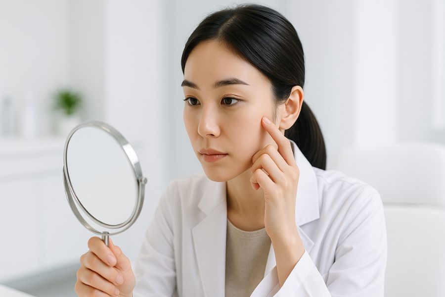 日本人女性が手鏡を持ち、自分の顔を丁寧に観察している様子