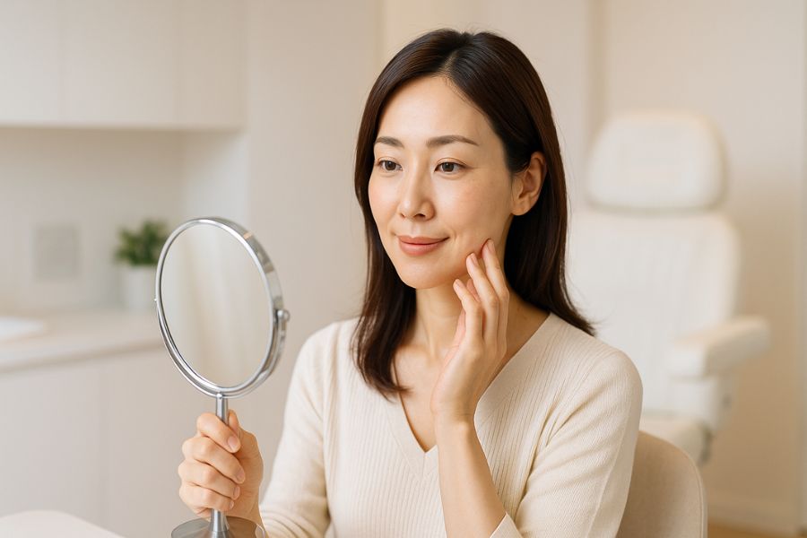 清潔な医療環境で、鏡に映る自分の顔を見つめながら、顎のラインを指で軽く触れている日本人女性