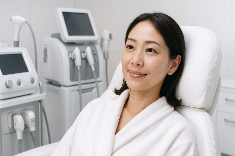 専門的な美容外科クリニックの相談室で、医師との真剣な相談を想定した落ち着いた環境にいる日本人女性