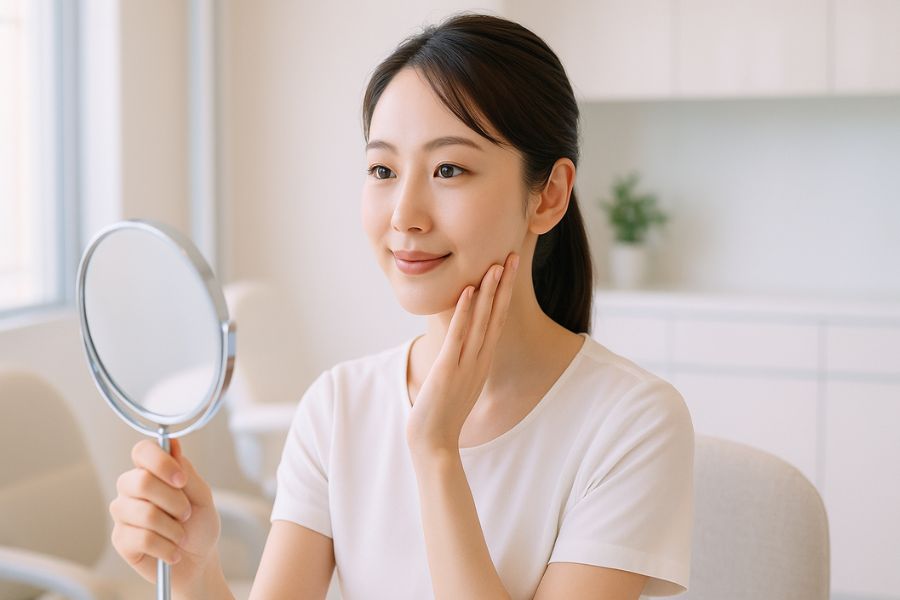 カウンセリングルームで、鏡を見つめながら顔のフェイスラインを優しく手で確認している日本人女性