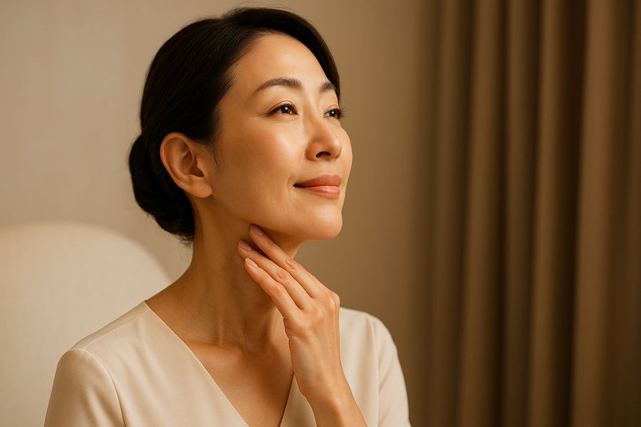 美容クリニックの個室で、首筋とフェイスラインを優雅に手で触れながら横顔の美しさを確認する日本人女性
