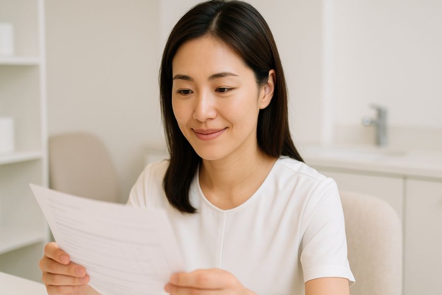 美容クリニックで、見積書や料金表を笑顔で慎重に確認している20代後半の日本人女性