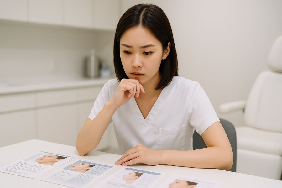 美容クリニックで、複数のパンフレットや資料を前に、選択肢を検討している日本人女性