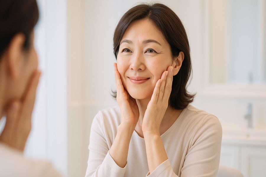 日本人女性が鏡の前で自分の顔を優しく両手で包み込むように触れている