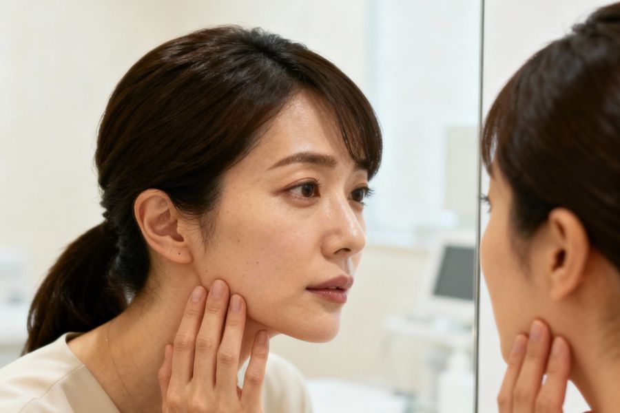 美容クリニックのカウンセリングルームで、頬とフェイスラインを手で優しく確認しながら鏡を見つめる日本人女性