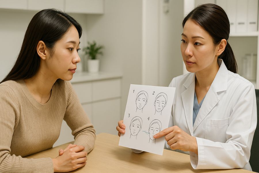 清潔で整理された医療相談環境で、段階的な説明を受ける準備をしている日本人女性