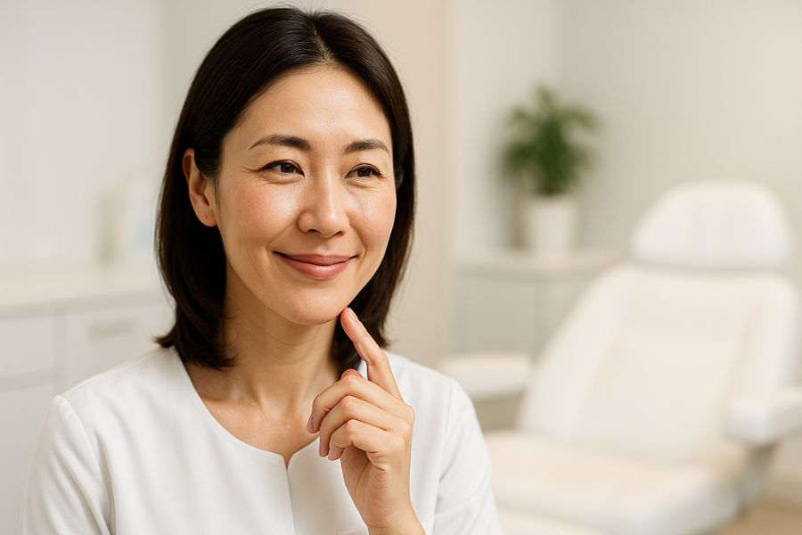 美容クリニックのカウンセリングルームで、糸リフトで期待できる3つの主な効果が分かり、自然な微笑みを浮かべる日本人女性