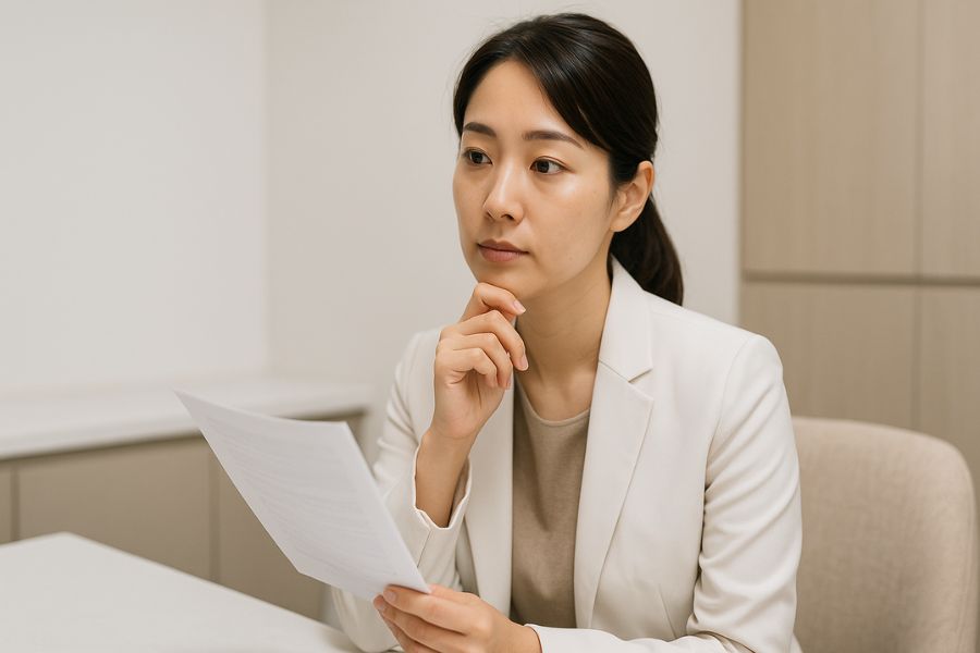 思慮深く情報を検討している日本人女性、手に資料を持ちながら静かに考え込む様子
