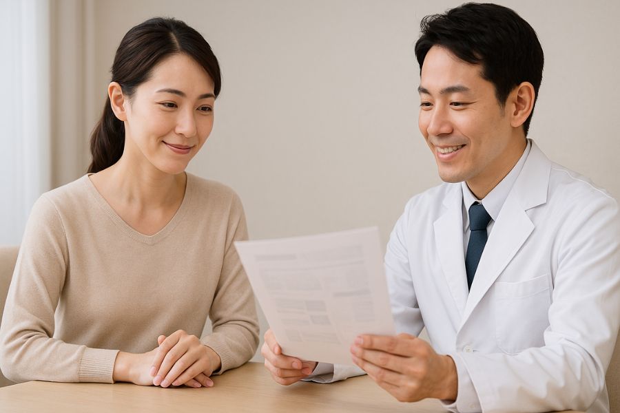 優しい表情で比較検討している日本人女性