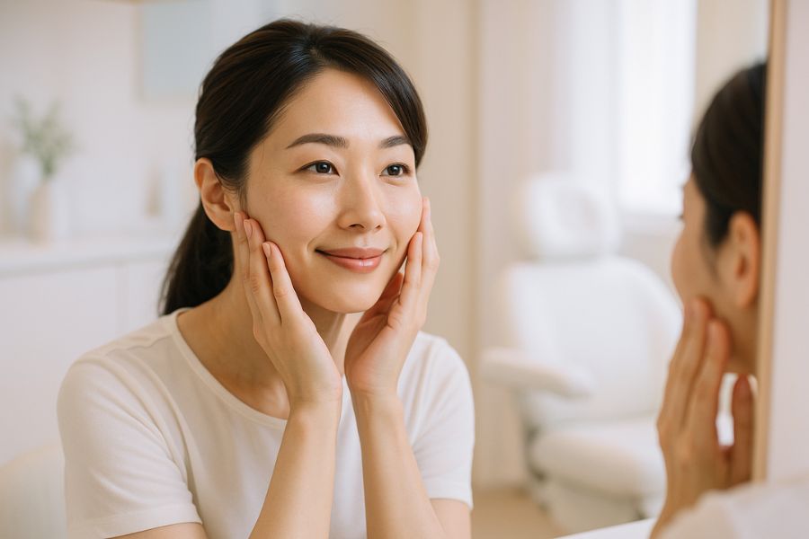 美しい日本人女性が鏡で自分の顔を優しく触れながら見つめている、希望に満ちた表情