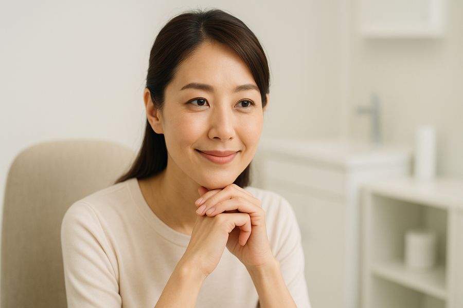 思慮深く比較検討している日本人女性、両手を顎の下で組み、優しい笑顔で慎重に考える様子