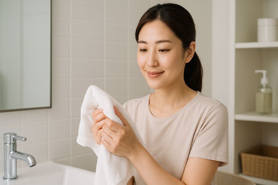 女性が両手を清潔に洗った後、タオルで丁寧に手を拭いている様子