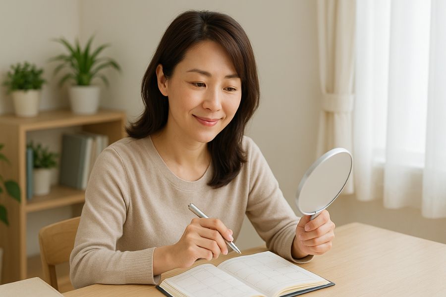 女性が手帳やカレンダーを見ながら、ケア計画を立てている様子