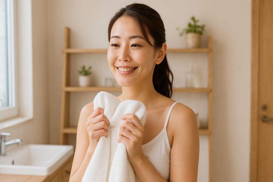 女性が自宅のバスルームで、清潔なタオルを手に持ち、リラックスした表情でセルフケアの準備をしている様子
