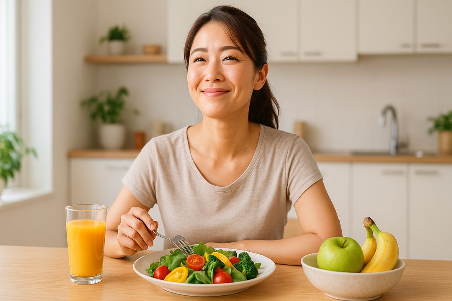 女性が明るいダイニングで、新鮮な野菜やフルーツの入った美しい食事を前に、満足そうな表情を見せている様子