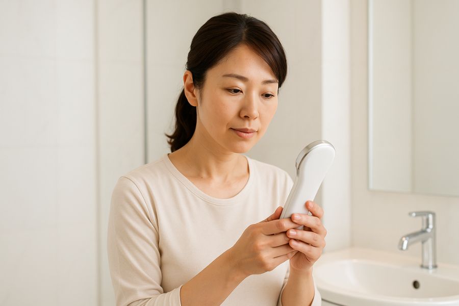 女性が清潔な洗面台の前で、美容機器(具体的なブランドは避けたシンプルな白い美顔器)を手に持ち、使用前の準備をしている様子