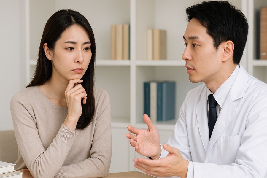 女性が顎に手を当てて思慮深く考えている様子