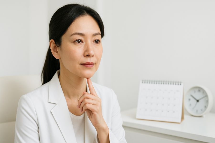 清潔なクリニック環境で、日本人女性が卓上カレンダーや時計を背景に、穏やかな表情で前を見つめている