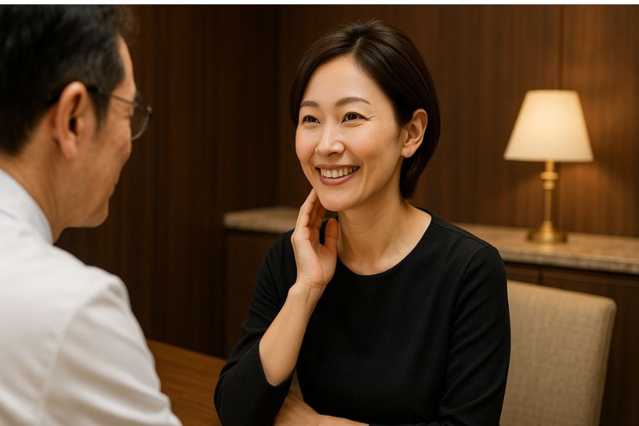 専門的な美容外科クリニックの相談室で、医師と笑顔で相談を想定した落ち着いた環境にいる日本人女性