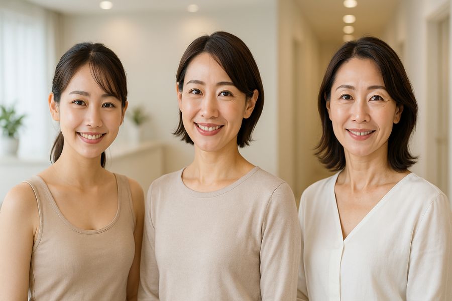 異なる年代を想起させる3人の日本人女性(20代後半、30代後半、40代後半)が並んで微笑んでいる様子