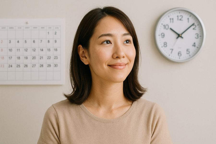 カレンダーや時計を背景に、段階的な回復過程をイメージさせる配置、日本人女性が希望を持って将来を見つめている